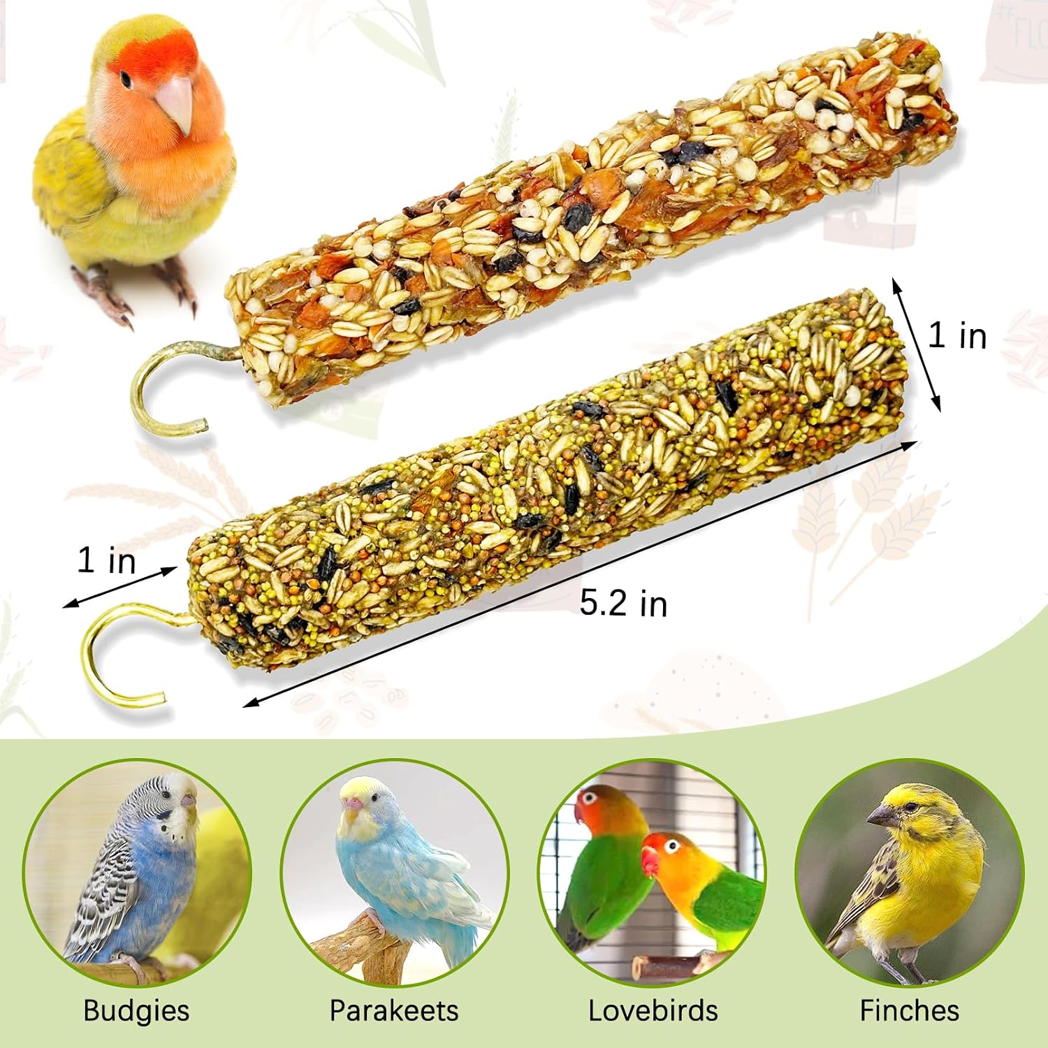 Close up of natural grains and vegetable ingredients on bird treat stick