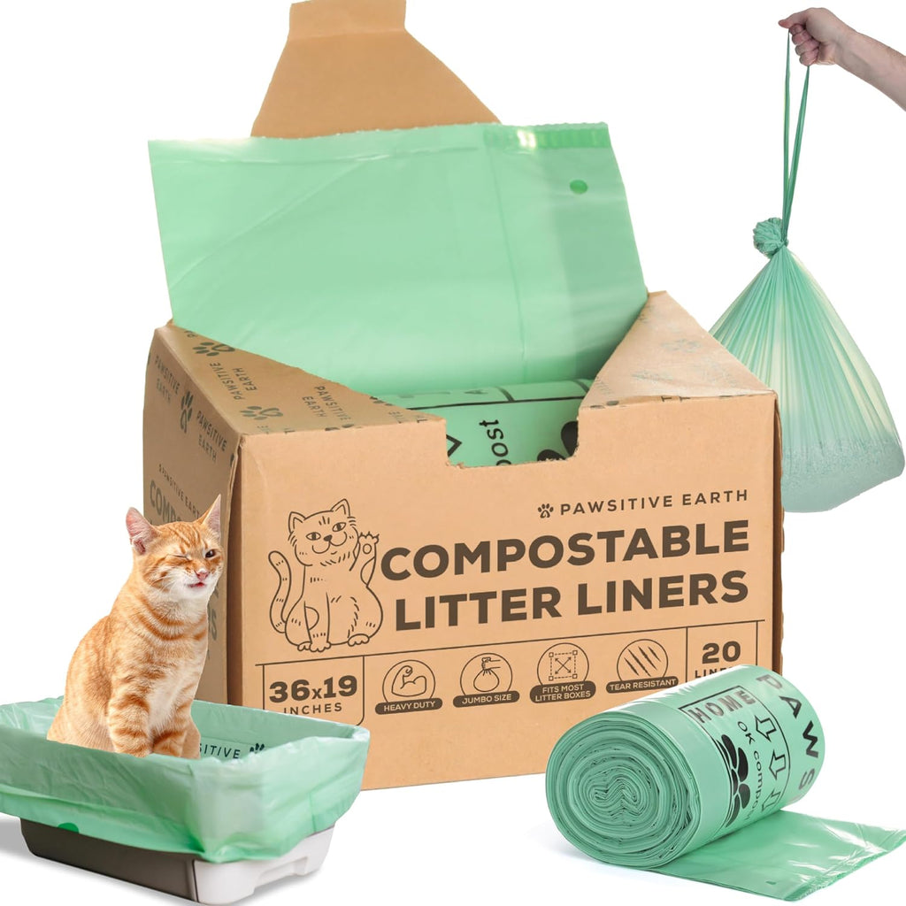 Authentic USA imported Pawsitive Earth cat litter box accessories on display.