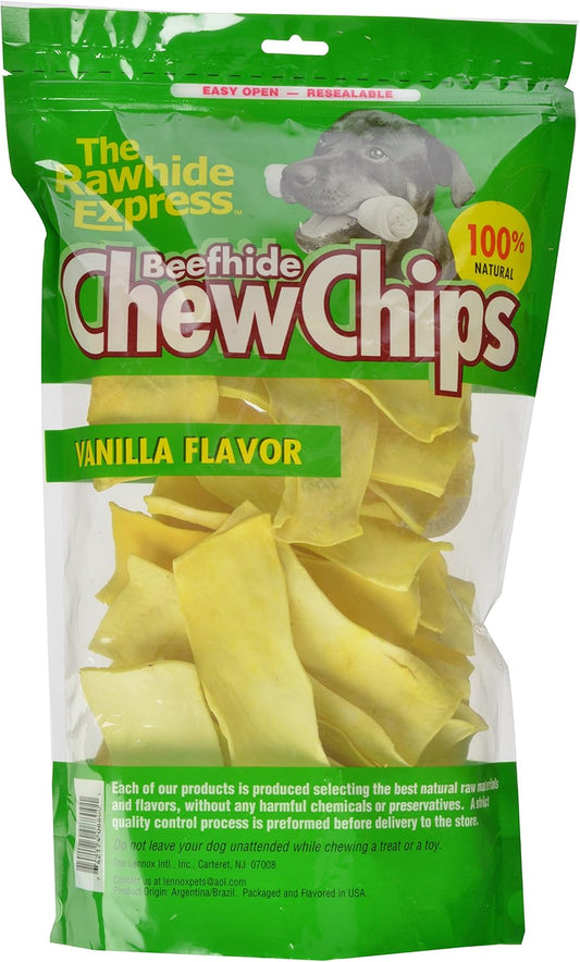 Authentic USA imported vanilla flavored dog chew chips by The Rawhide Express showing the textured digestible pieces