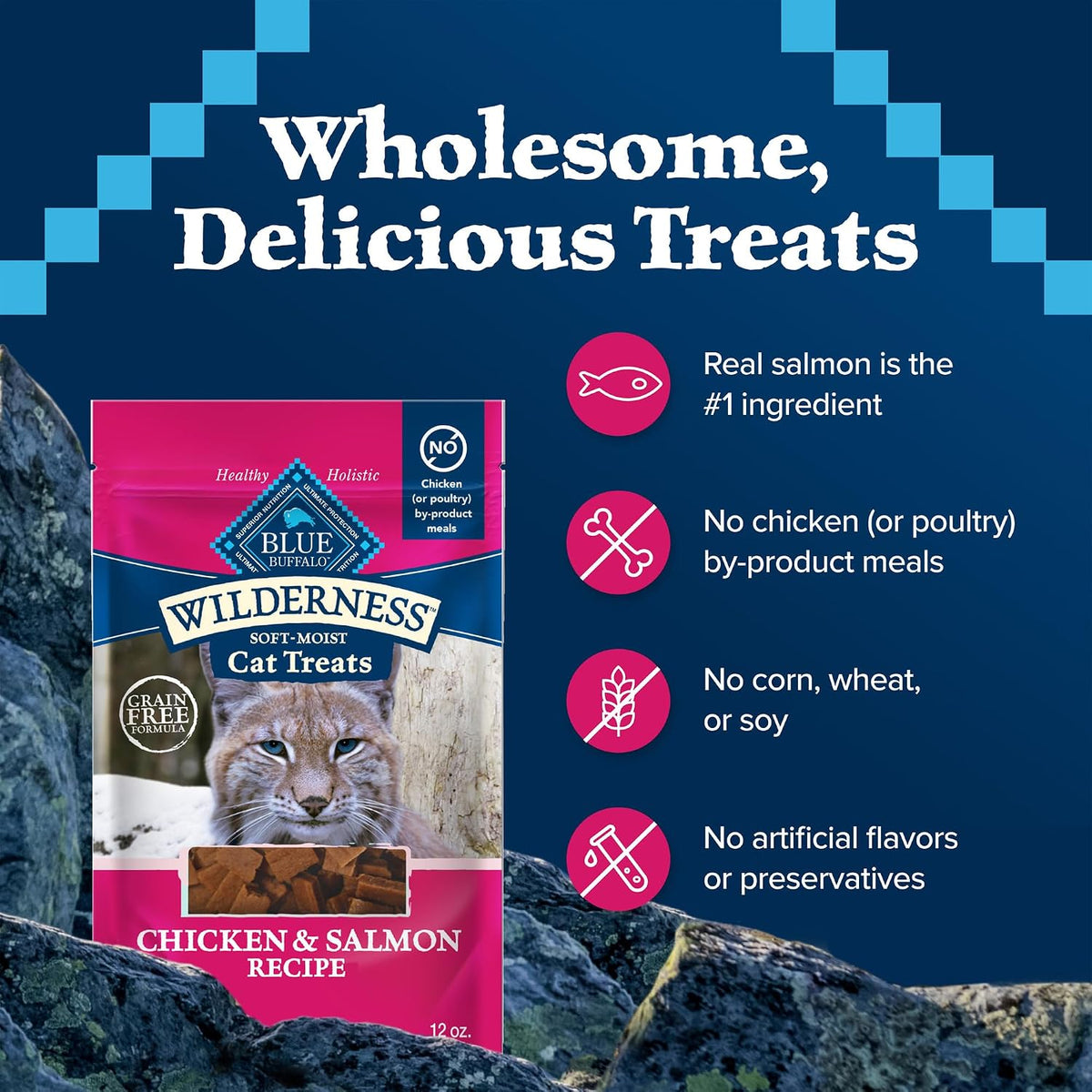 Blue Buffalo Wilderness salmon cat treats twelve ounce container