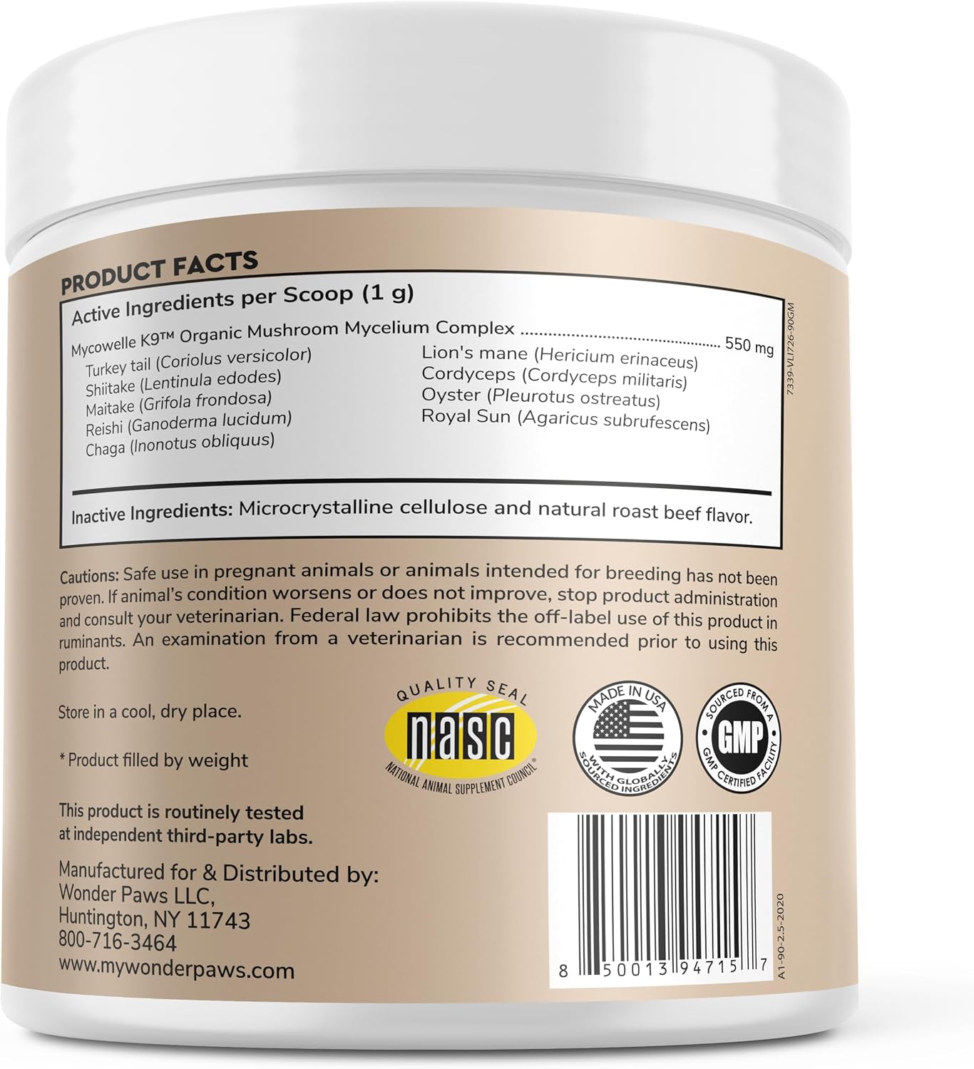Organic mushroom complex canine supplement container with 90 scoops callout