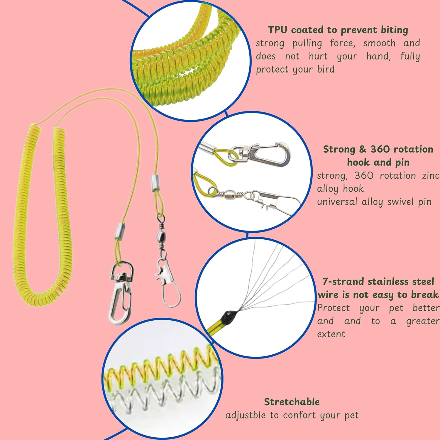 Elastic stretch bird leash with durable stainless steel connection hook for secure training