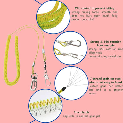 Elastic stretch bird leash with durable stainless steel connection hook for secure training