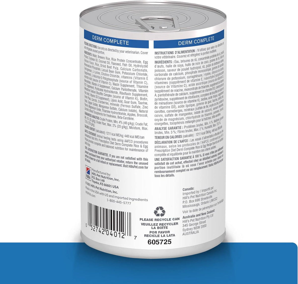Hill's Derm Complete rice and egg recipe canned dog food nutrition label view