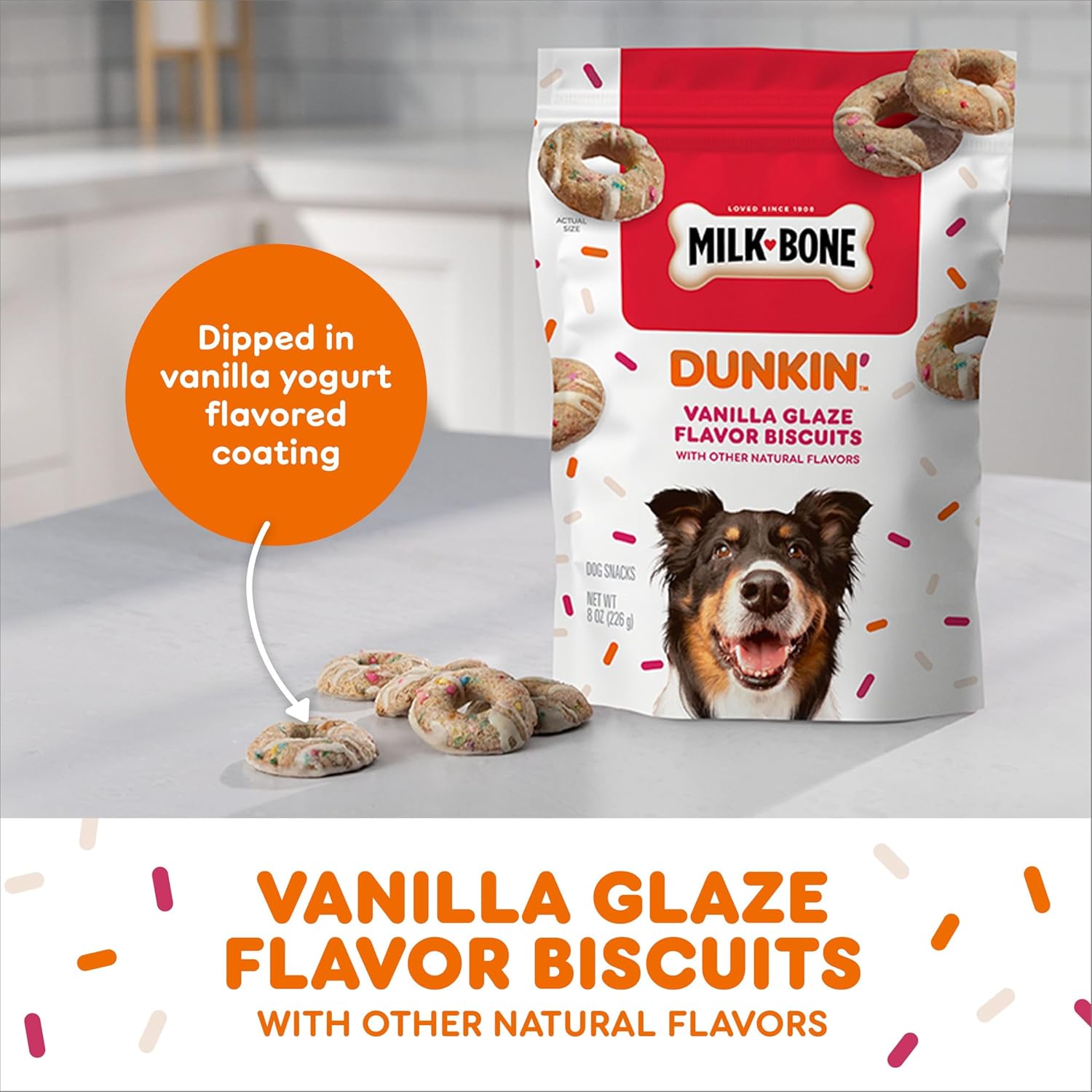 Milk-Bone Dunkin limited edition dog treats bag showing ingredients and nutritional info