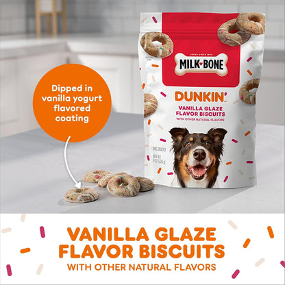 Milk-Bone Dunkin limited edition dog treats bag showing ingredients and nutritional info