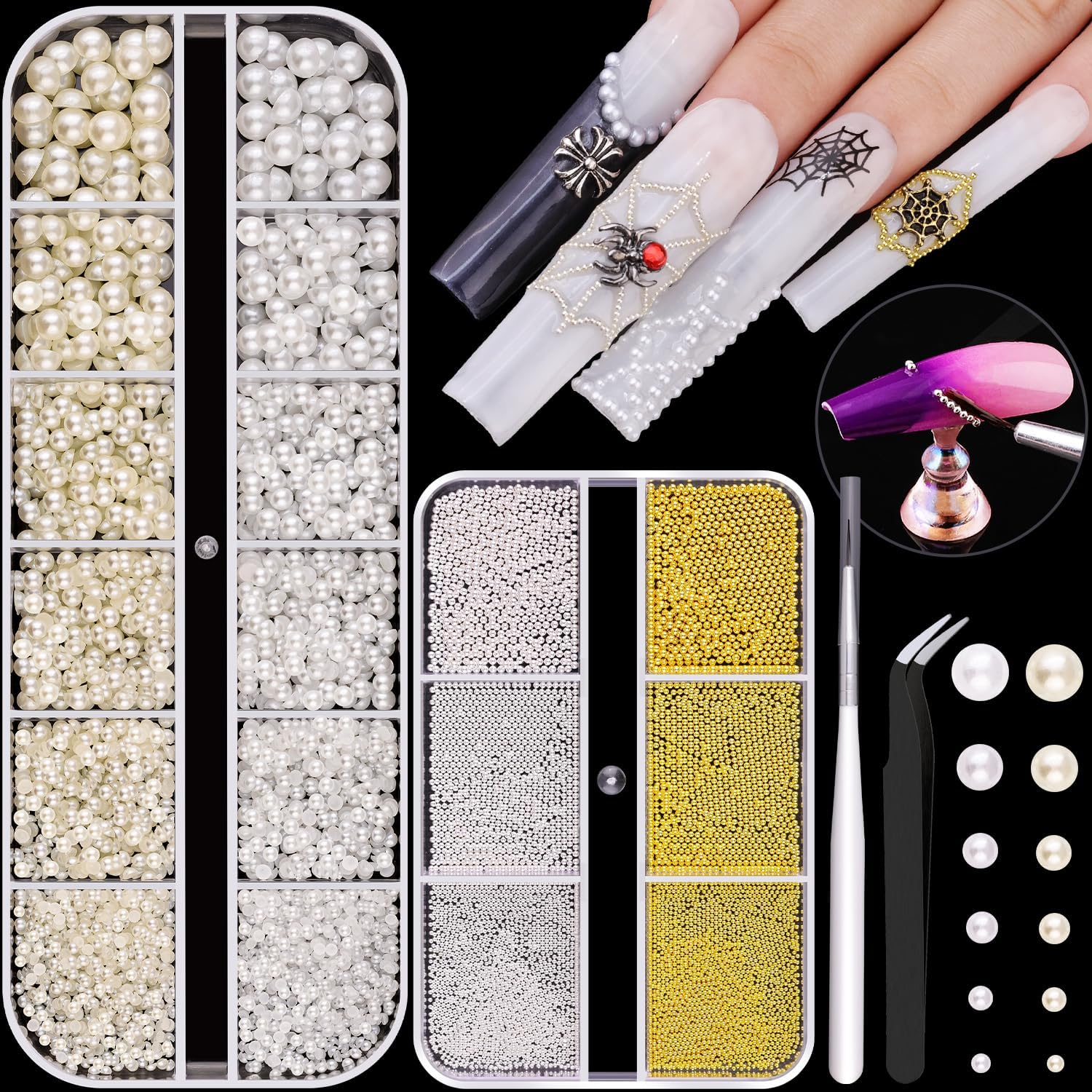 Belleboost flatback pearls and metal nail beads set front view