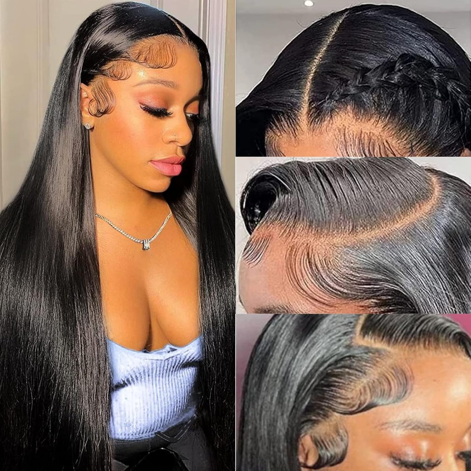 TTSMINS 13x6 lace front human hair wig front view showing straight 28 inch natural black strands
