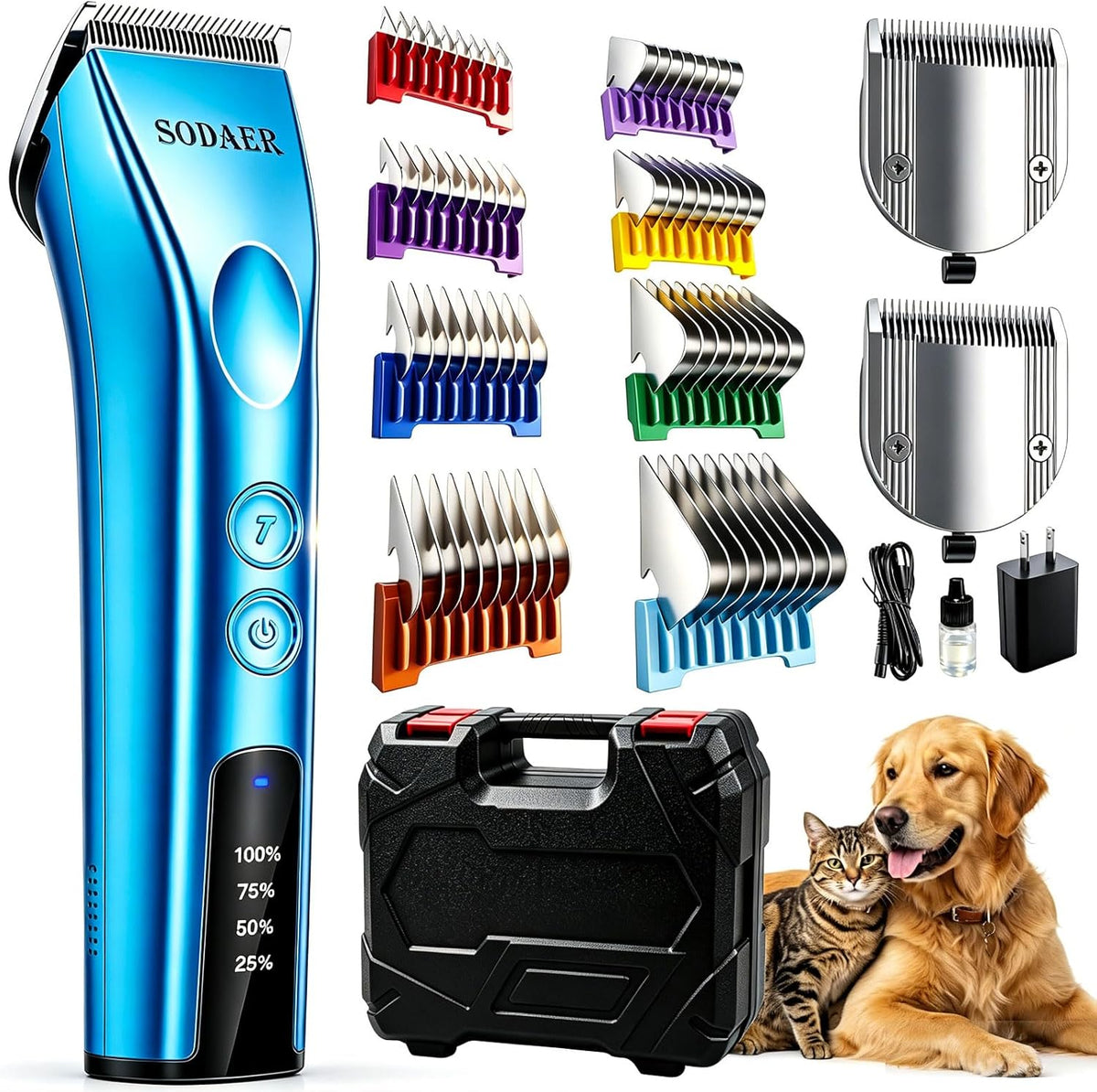 Professional Dog Grooming Clippers, Cordless Pet Hair Clipper with 8 Guide Combs &2 Replaceable Blades, Rechargeable Low Noise Dog Hair Trimmer for Small Large Dogs Horse ,with Storage Tool Box,Purple - Image 9