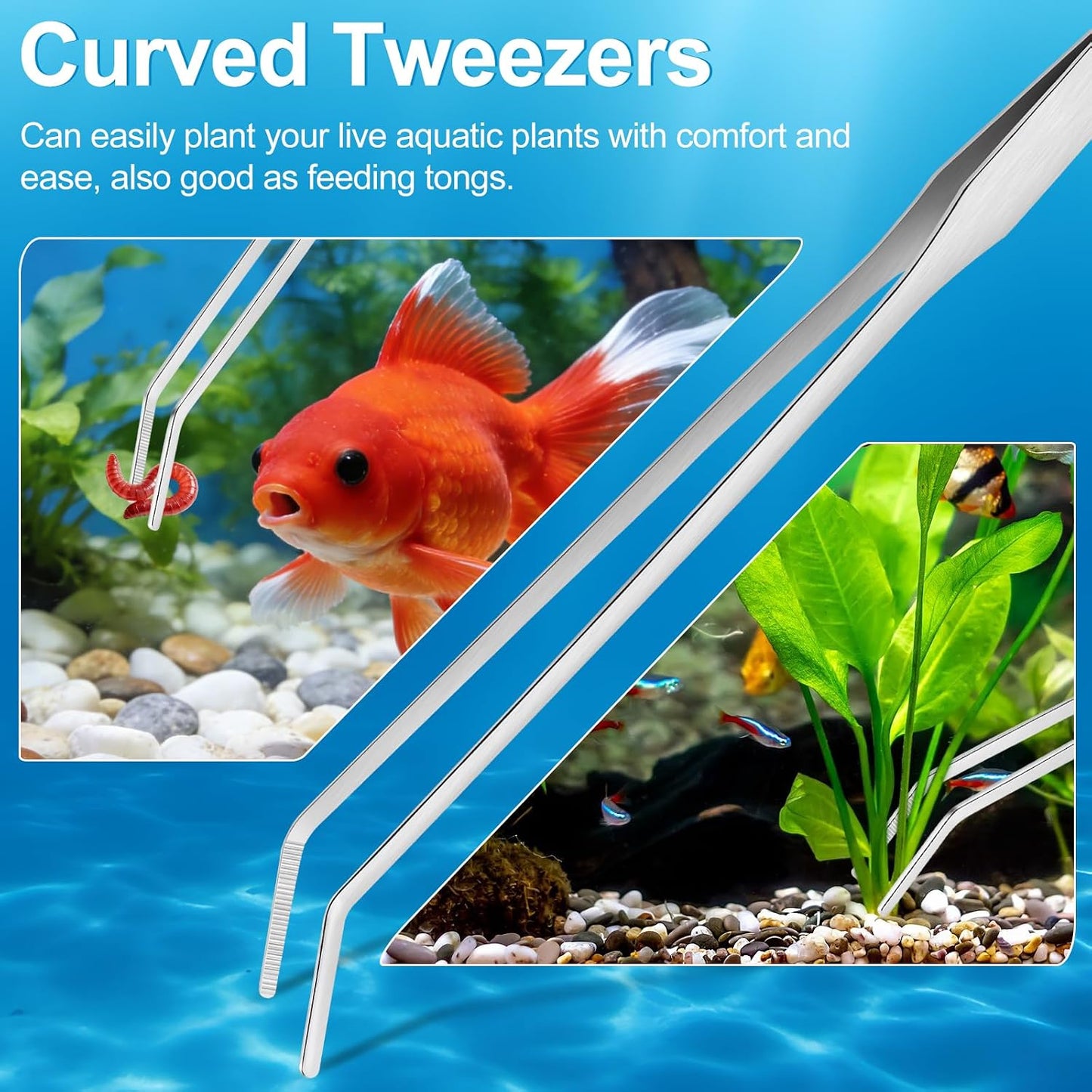 Three piece stainless steel aquascaping kit safely organizing aquatic layouts and gravel.