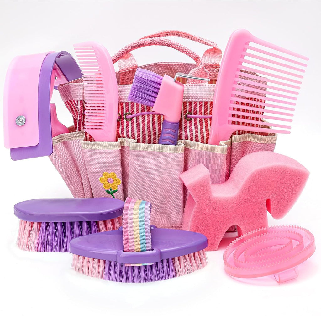 Cunhill horse grooming brush kit front view showcasing pink organizer tote bag with nine equine tools