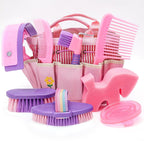 Cunhill horse grooming brush kit front view showcasing pink organizer tote bag with nine equine tools