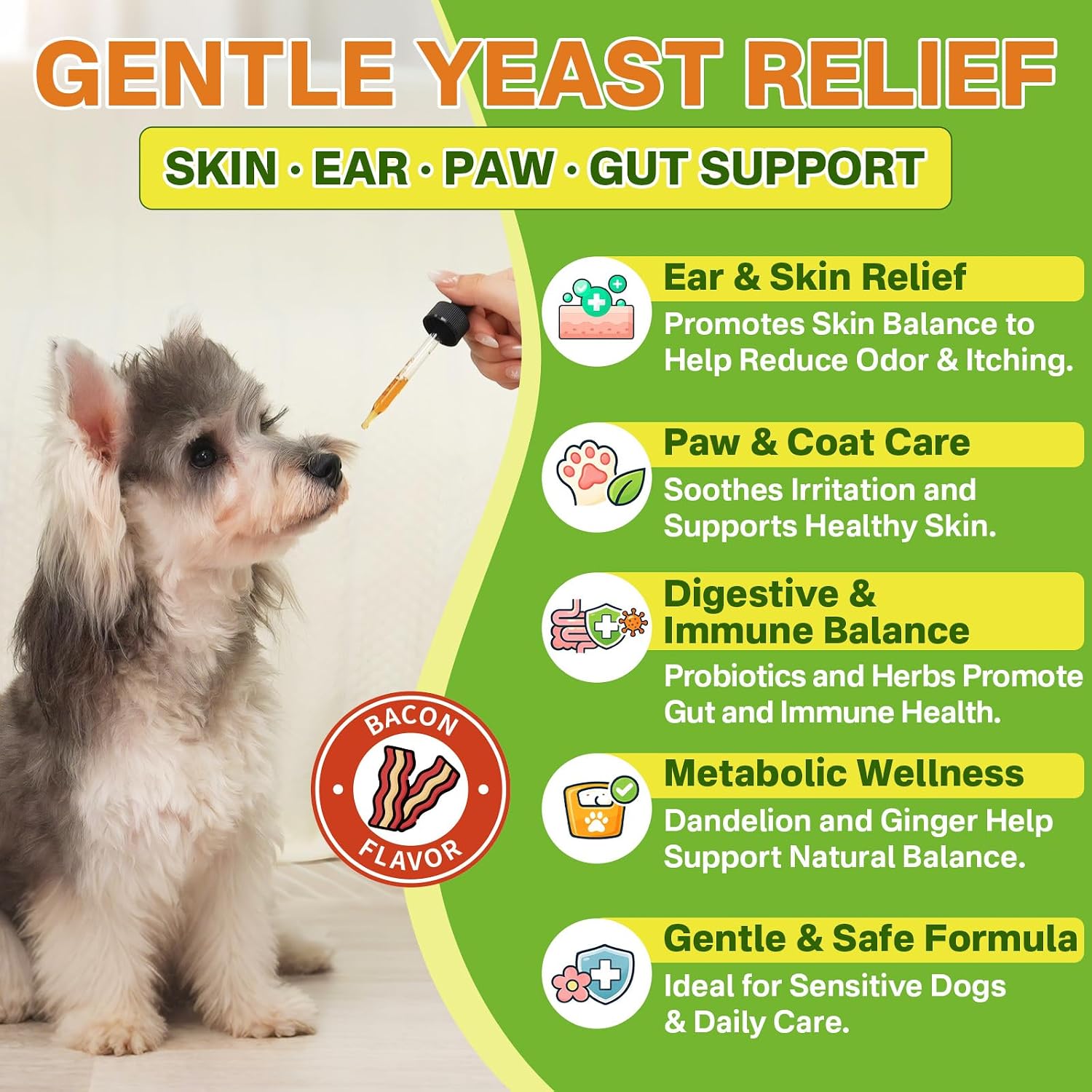 Side profile of Puyrzoe dog yeast treatment bottle illustrating natural gut health ingredients