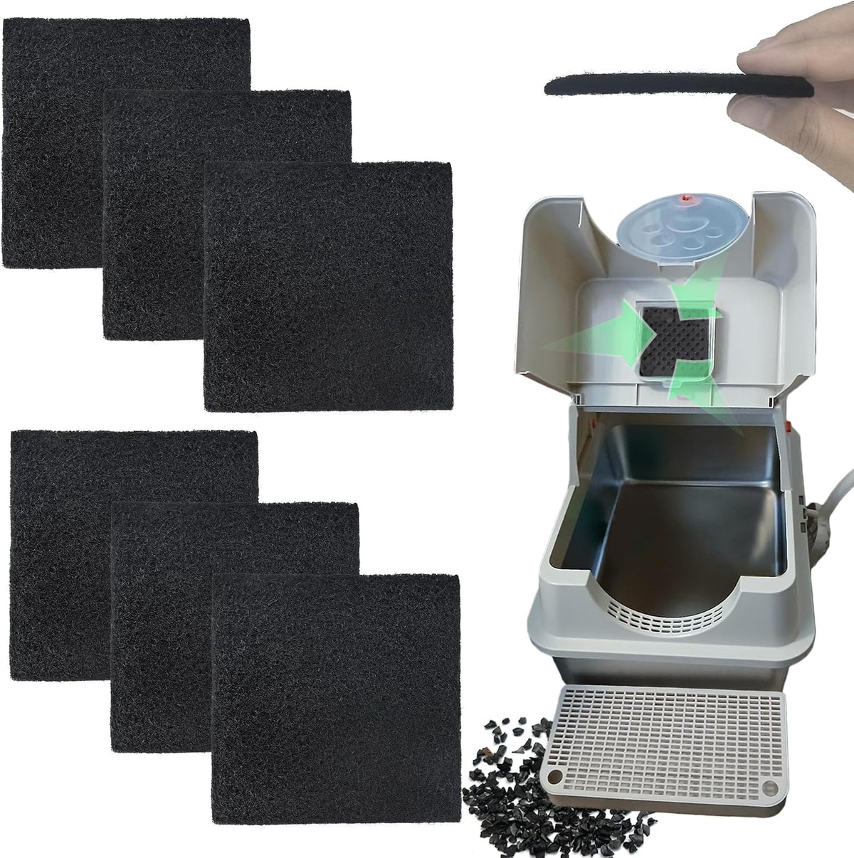 Delapan NewKe activated carbon replacement filters 6 pack front view displaying the thick black charcoal material.