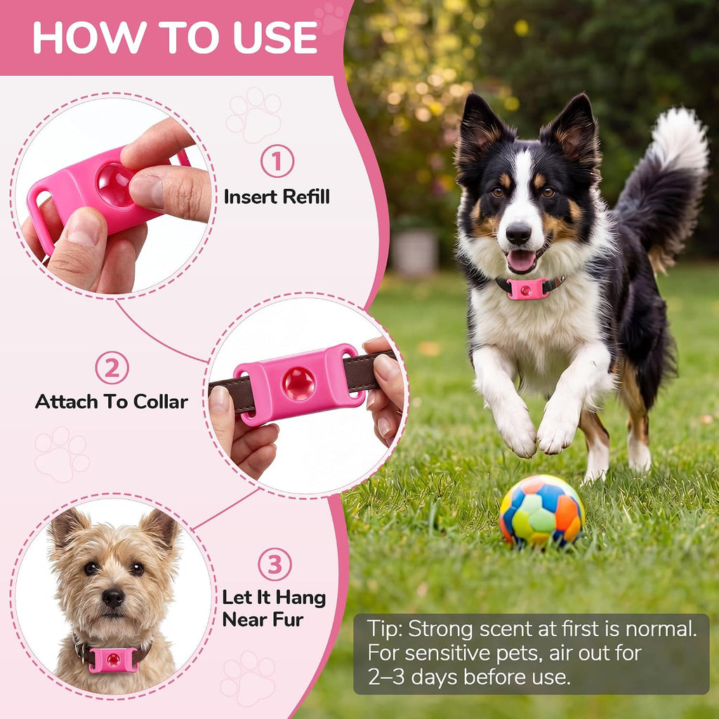 Pink flea prevention tag attached to a dog collar