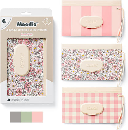 Moodie 3 Pack Baby Wipes Holder in Rosie Pink front view