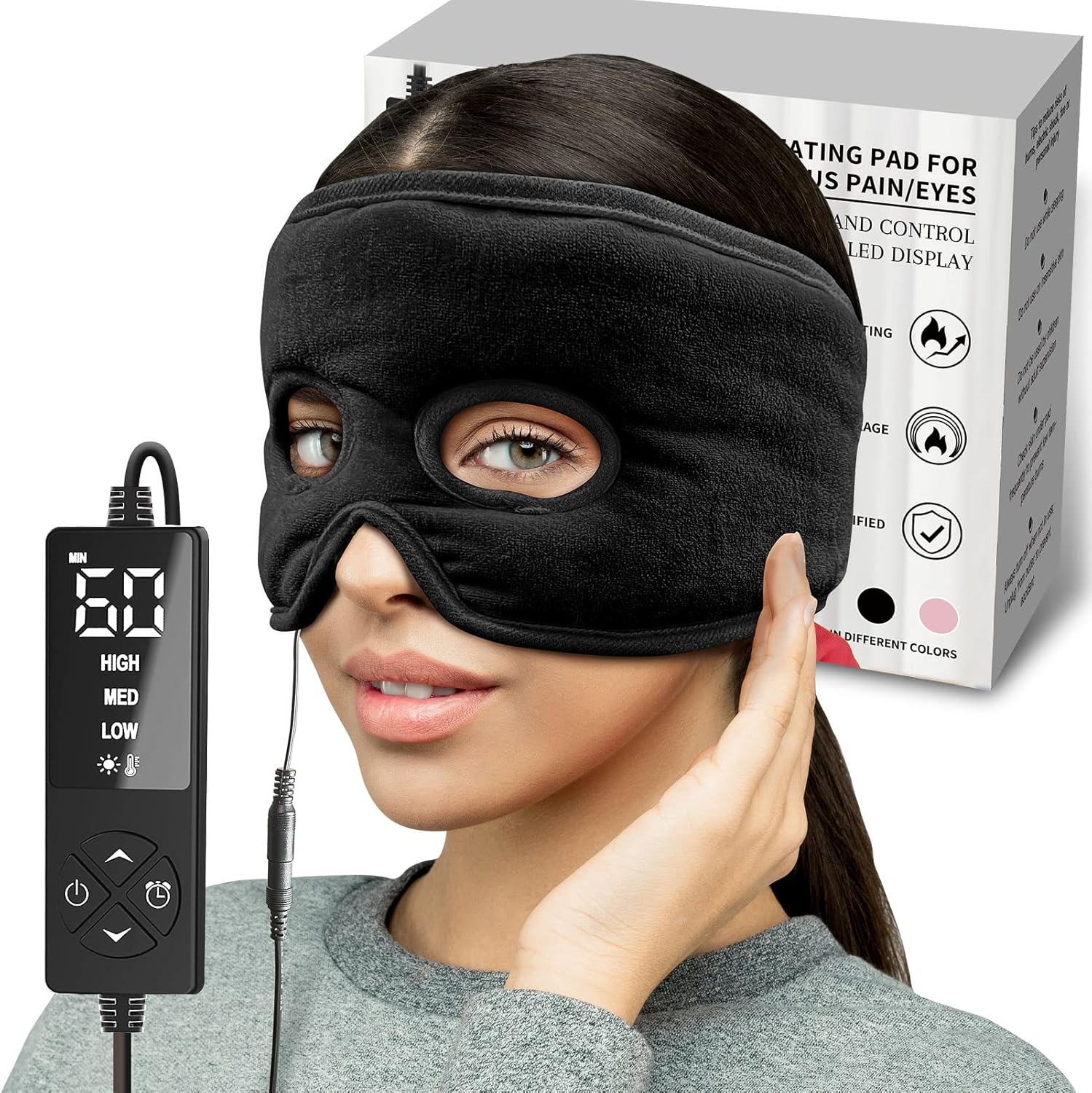 CREATRILL moist heat sinus pressure relief mask front view showing black fabric design and digital controller