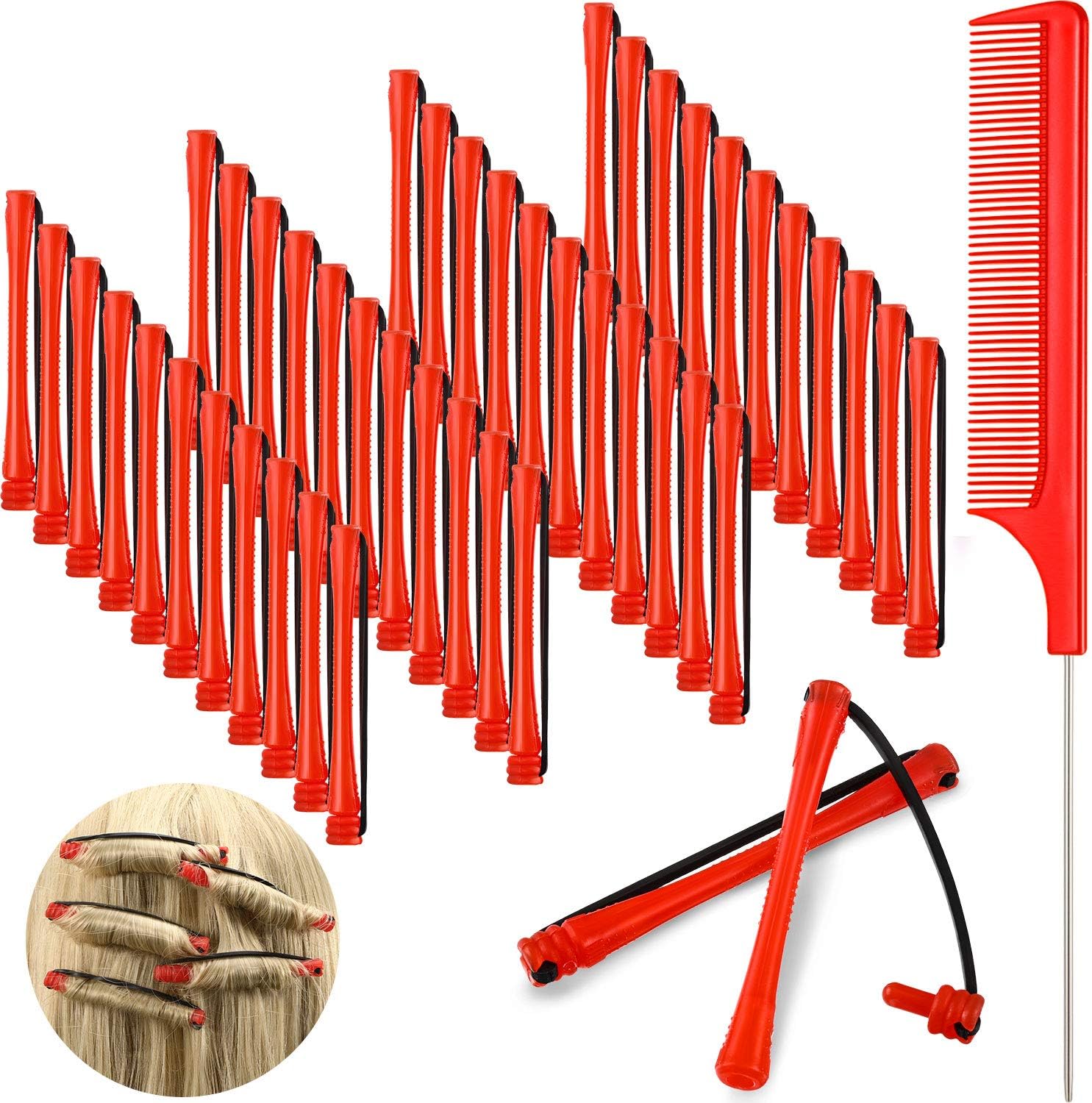 WILLBOND short cold wave hair perm rods front view showing red plastic rollers and steel comb
