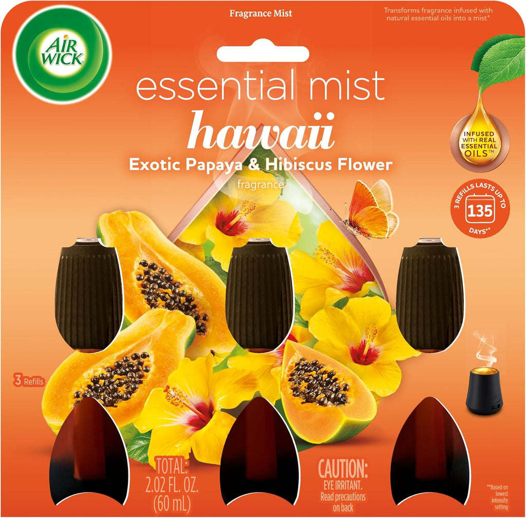 Air Wick Essential Mist Hawaii Exotic Papaya and Hibiscus Flower triple refill pack front view.
