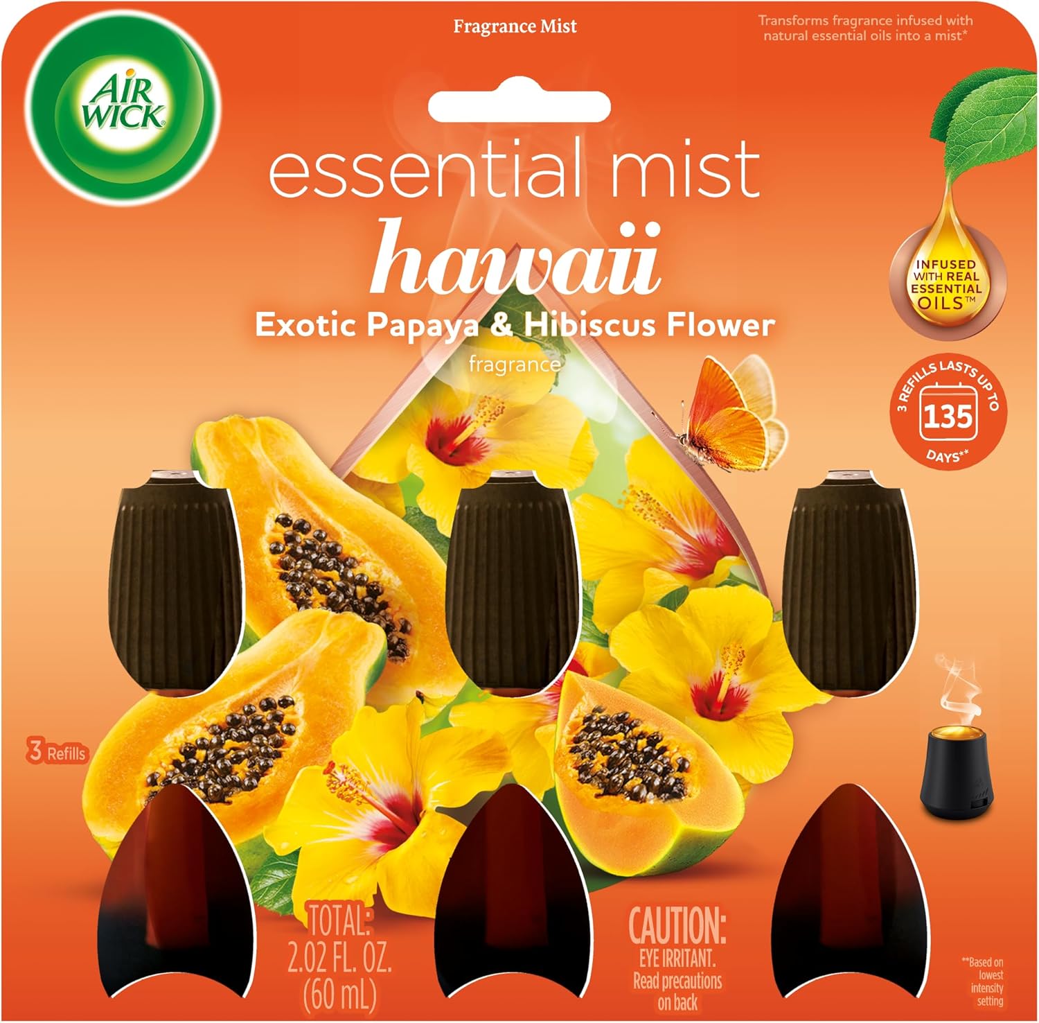 Air Wick Essential Mist Hawaii Exotic Papaya and Hibiscus Flower triple refill pack front view.