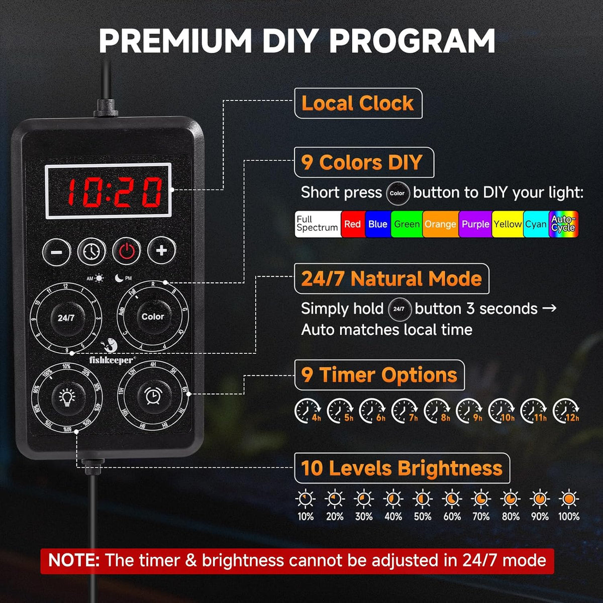 Fishkeeper fish tank lighting system showing the smart digital controller screen.