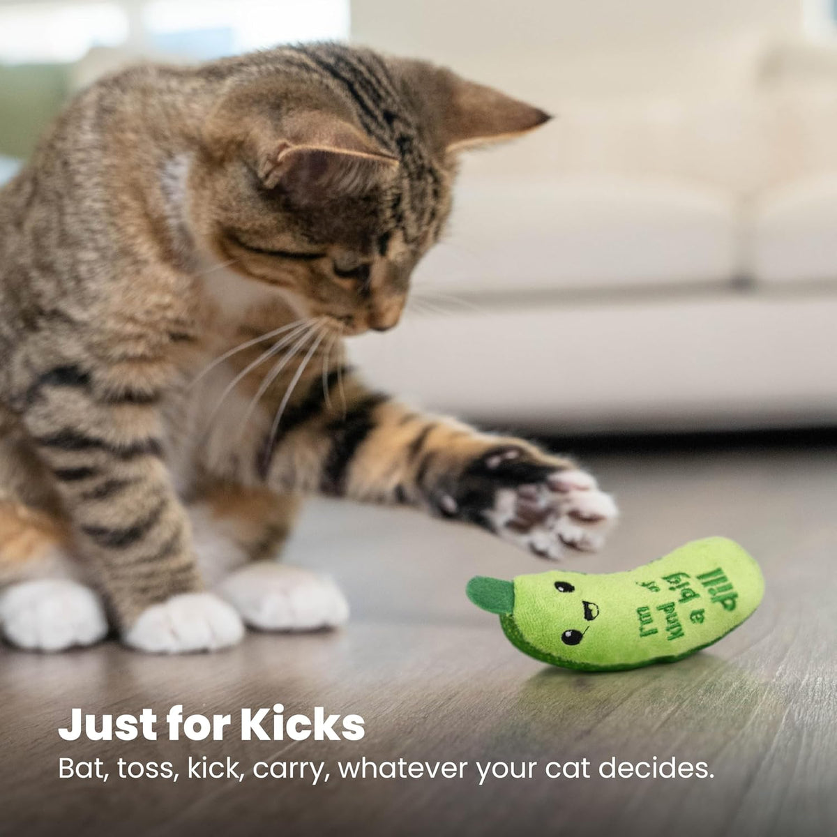 Cat catching the Catstages Crunchy Pickle Kicker toy