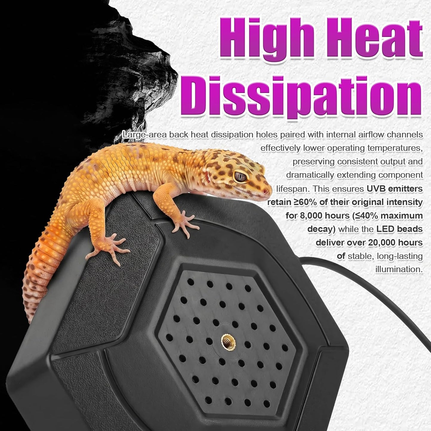 Dimmable reptile light fixture illustrating the five brightness level adjustments.