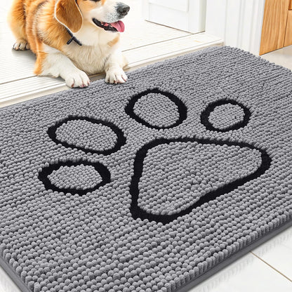 Smiry dog door mat front view showing grey and black paw print pattern