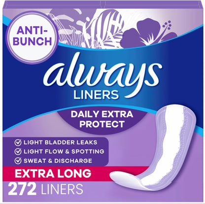 Always Daily Extra Protect Unscented Panty Liners front packaging 272 count imported.