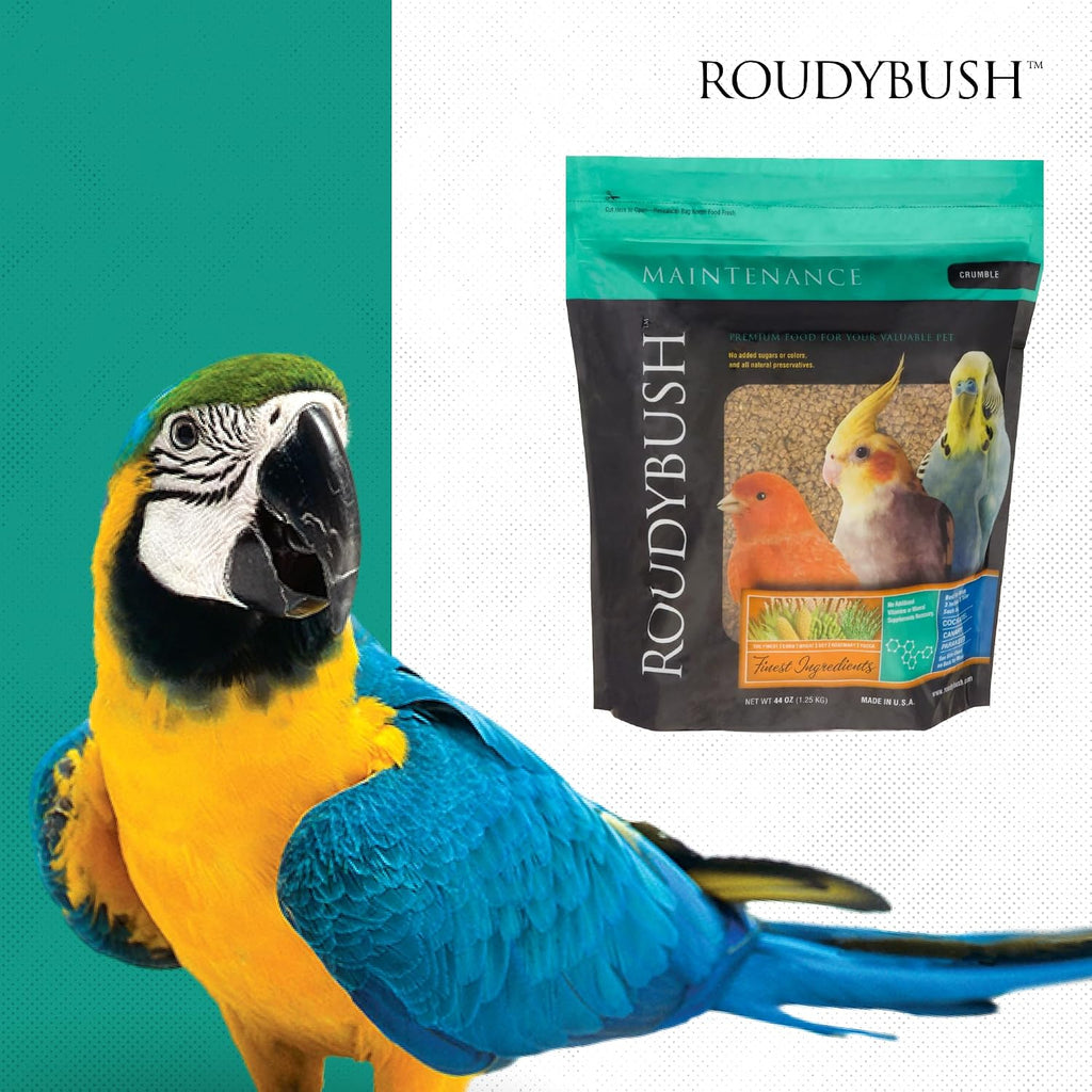RoudyBush Daily Maintenance bird food bag next to a measuring scoop