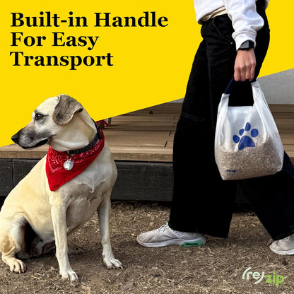 Rezip pet food bag handle and buckle detail