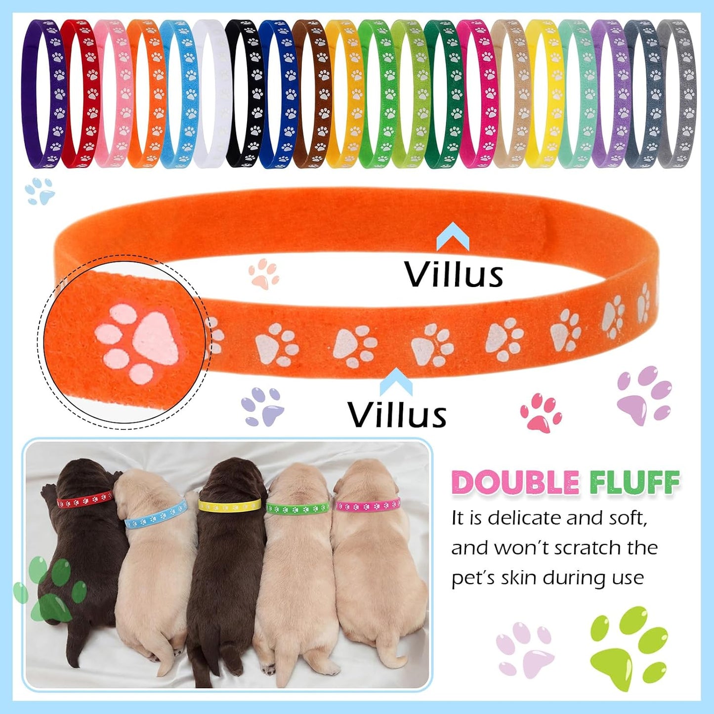Multi color paw print pattern on Frienda puppy whelping identification strips for breeders