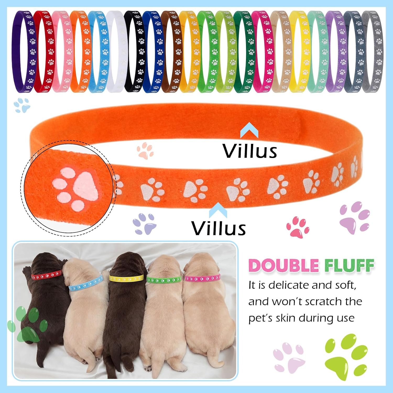 Multi color paw print pattern on Frienda puppy whelping identification strips for breeders