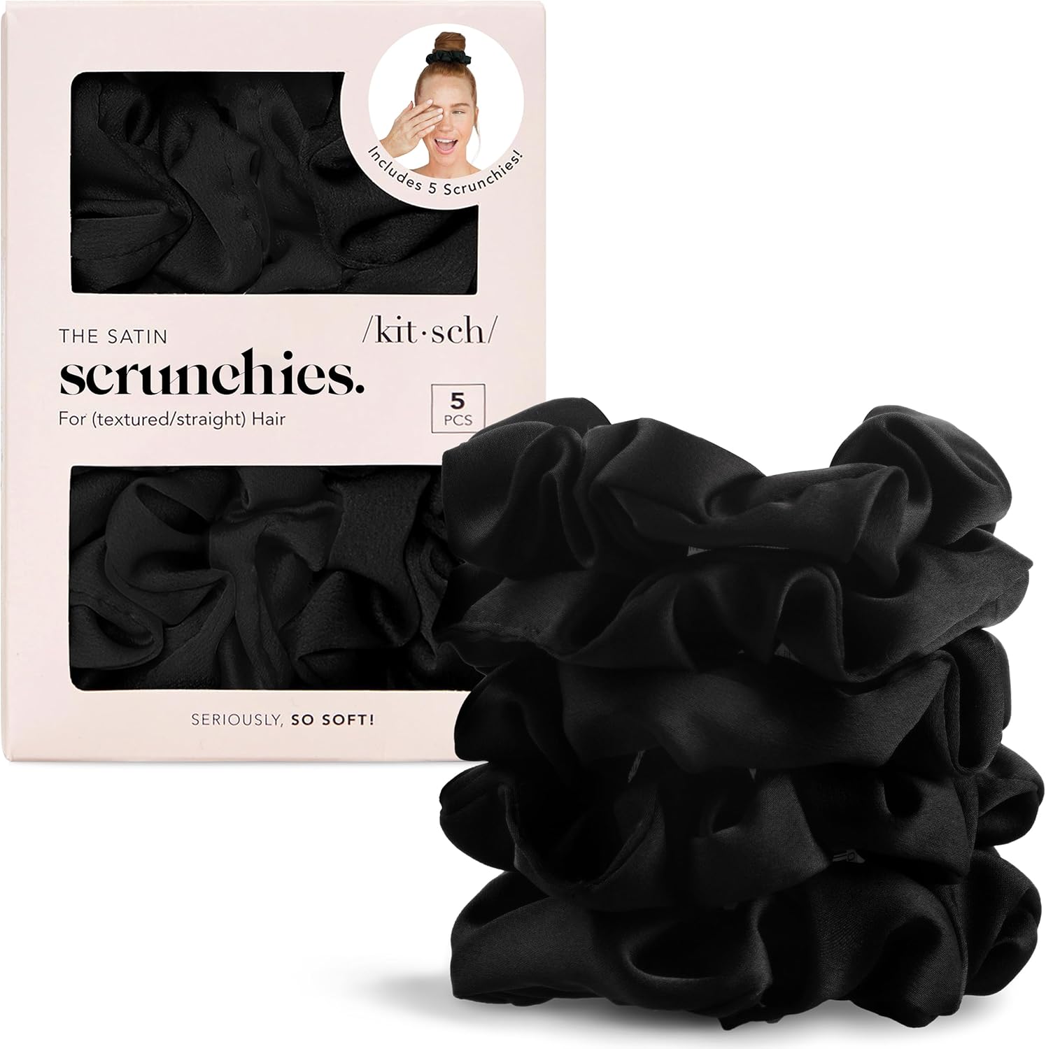 Kitsch satin scrunchies five pack front view showing premium black hair ties