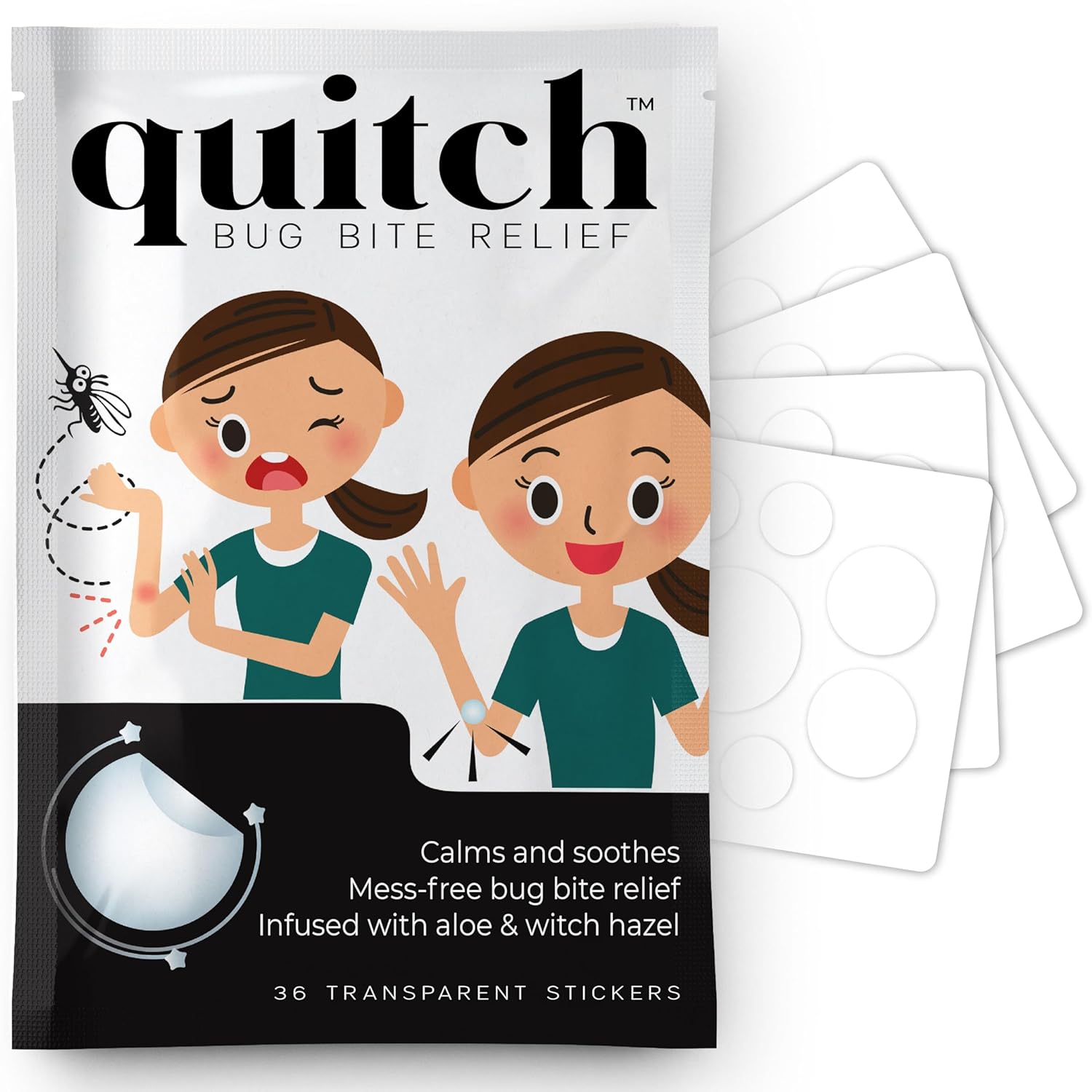 Quitch bug bite itch relief patch front view of the packaging pouch.