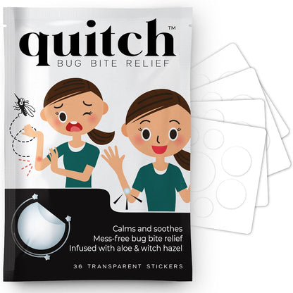 Quitch bug bite itch relief patch front view of the packaging pouch.