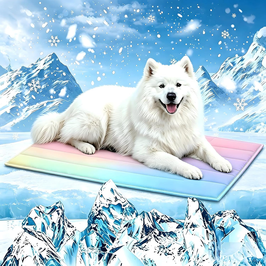 Marunda dog cooling mat front view displaying the colorful rainbow gradient design.
