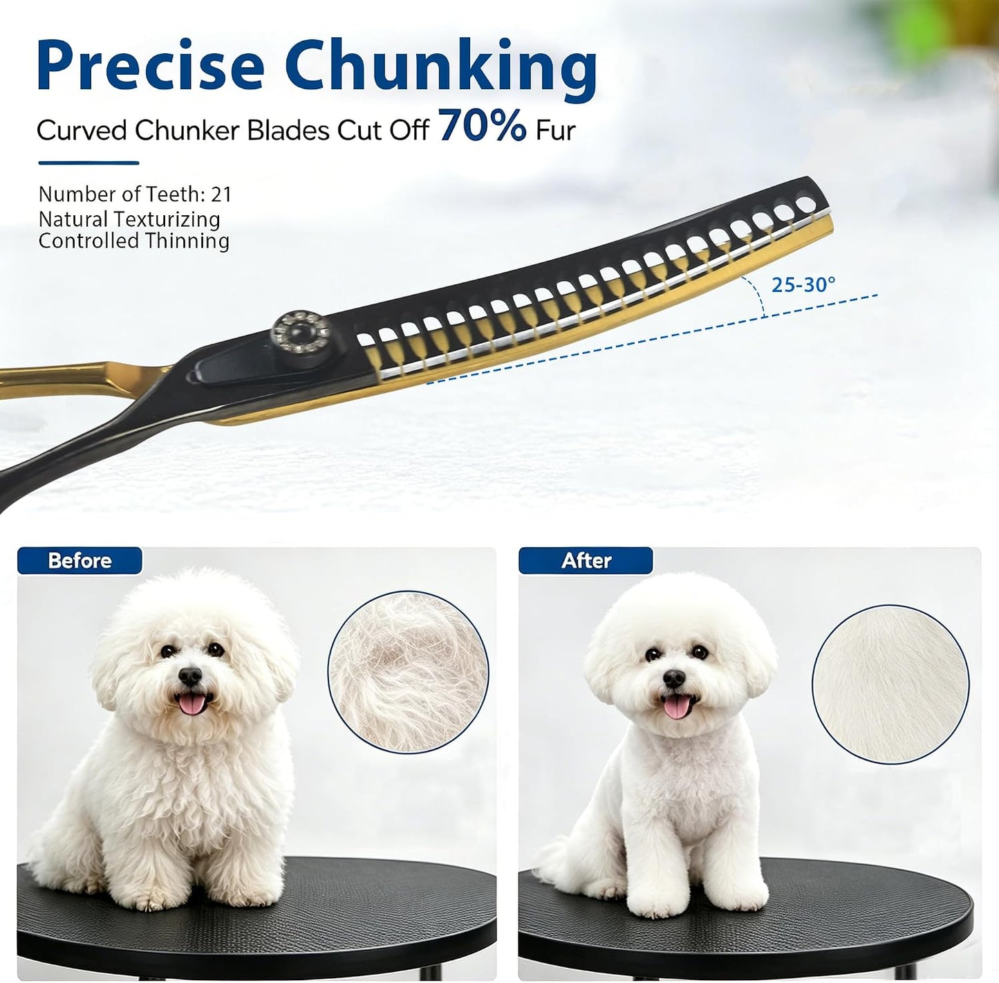 Side angle of the 7 inch curved dog chunkers demonstrating the blade curvature for precision pet styling.