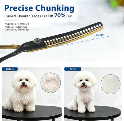 Side angle of the 7 inch curved dog chunkers demonstrating the blade curvature for precision pet styling.