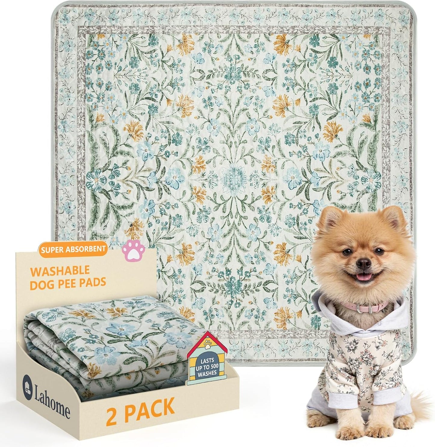 Lahome Washable Reusable Pee Pads for Dogs - Beige Botanical Floral 2 Pack Puppy Pads, Super Absorbent & Waterproof Training Mats for Crate & Floor - Leakproof with Non-Slip Backing (36"x48") - Image 11