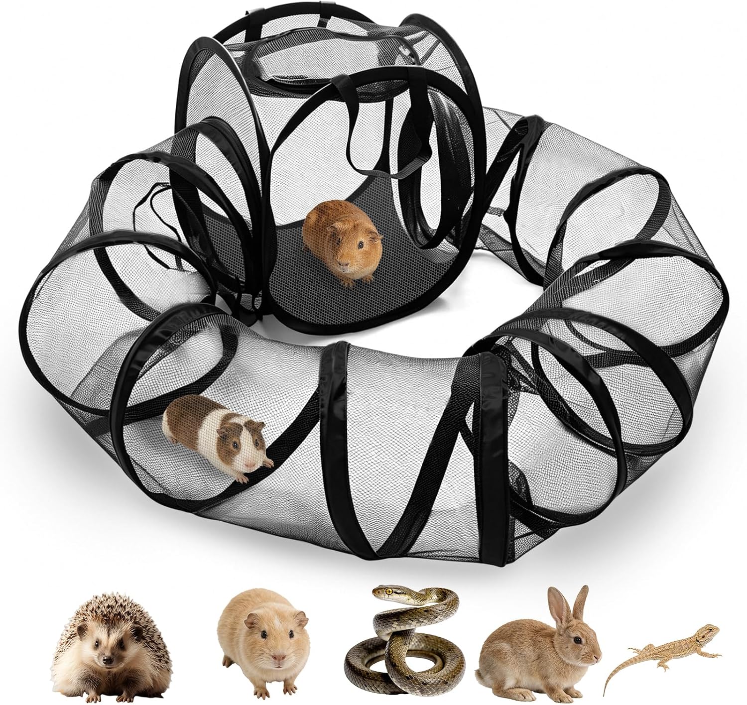 Small Animal Playpen with Surround Tunnel, Portable Foldable Outdoor Guinea Pigs Playpen with Carrying Handle, Breathable Mesh Playpen for Kitten, Hedgehog, Snake, Rabbit, Lizard, Small Pets - Image 1