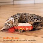 Catstages dental kicker toy demonstrating the elongated shape designed for bunny kicks.