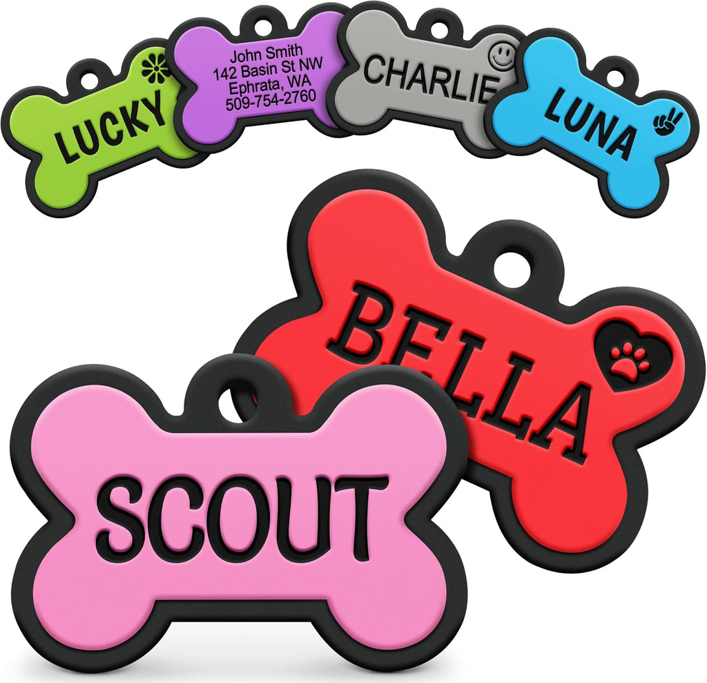 GoTags silent silicone pet identification tag front view bone shaped pink personalized nameplate