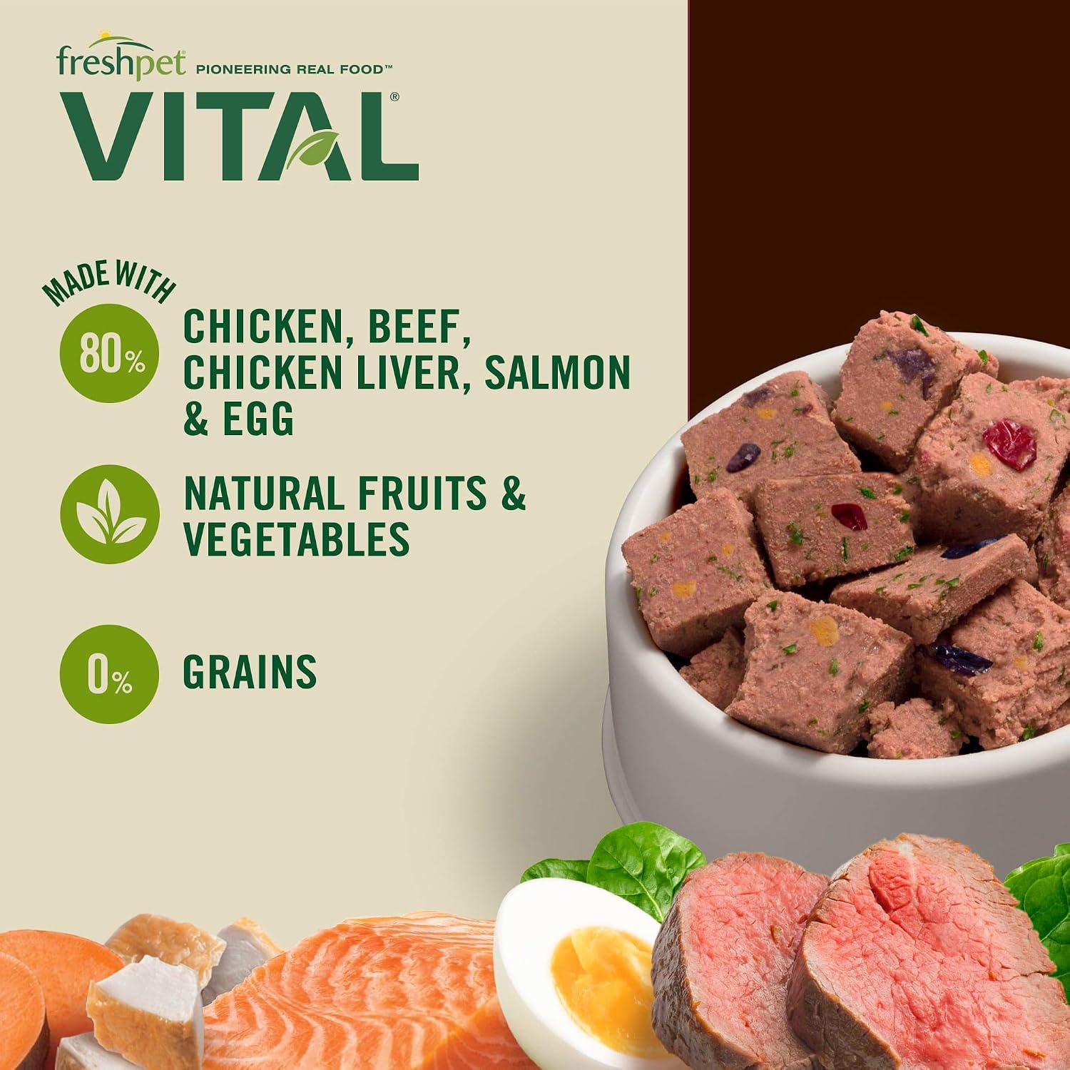 Freshpet Vital 2-pound roll showing chicken salmon beef and egg ingredients