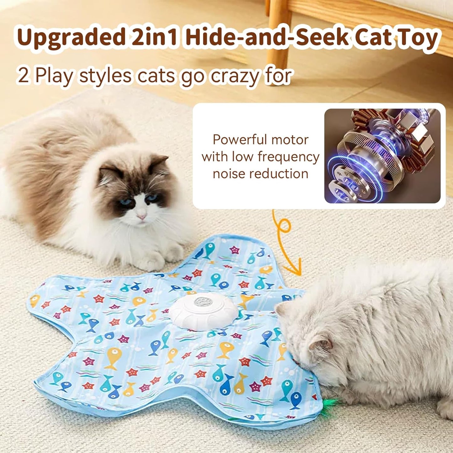 Touch activated cat enrichment toy showcasing the durable tear-resistant fabric.