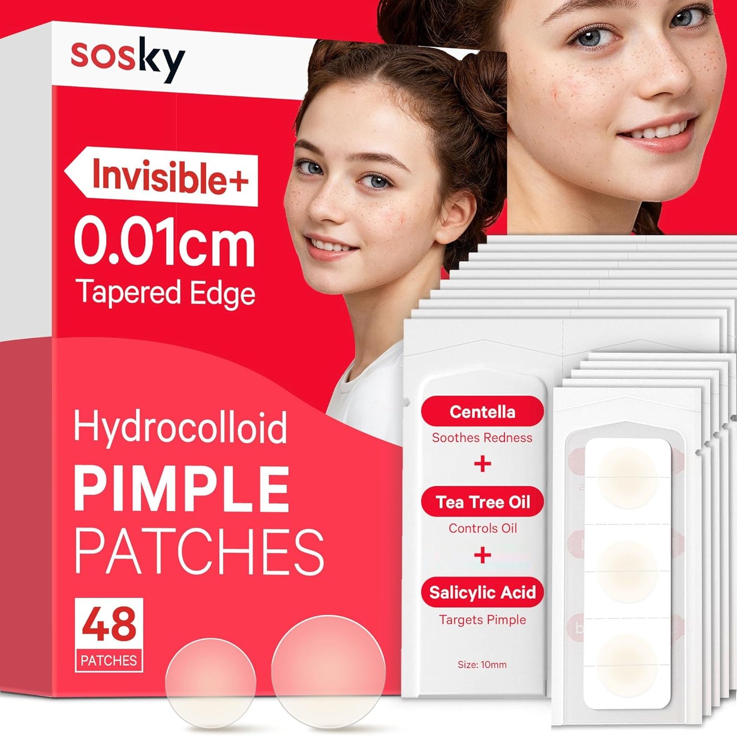 Sosky Invisible Hydrocolloid Acne Pimple Patches front view packaging showing forty eight count box.