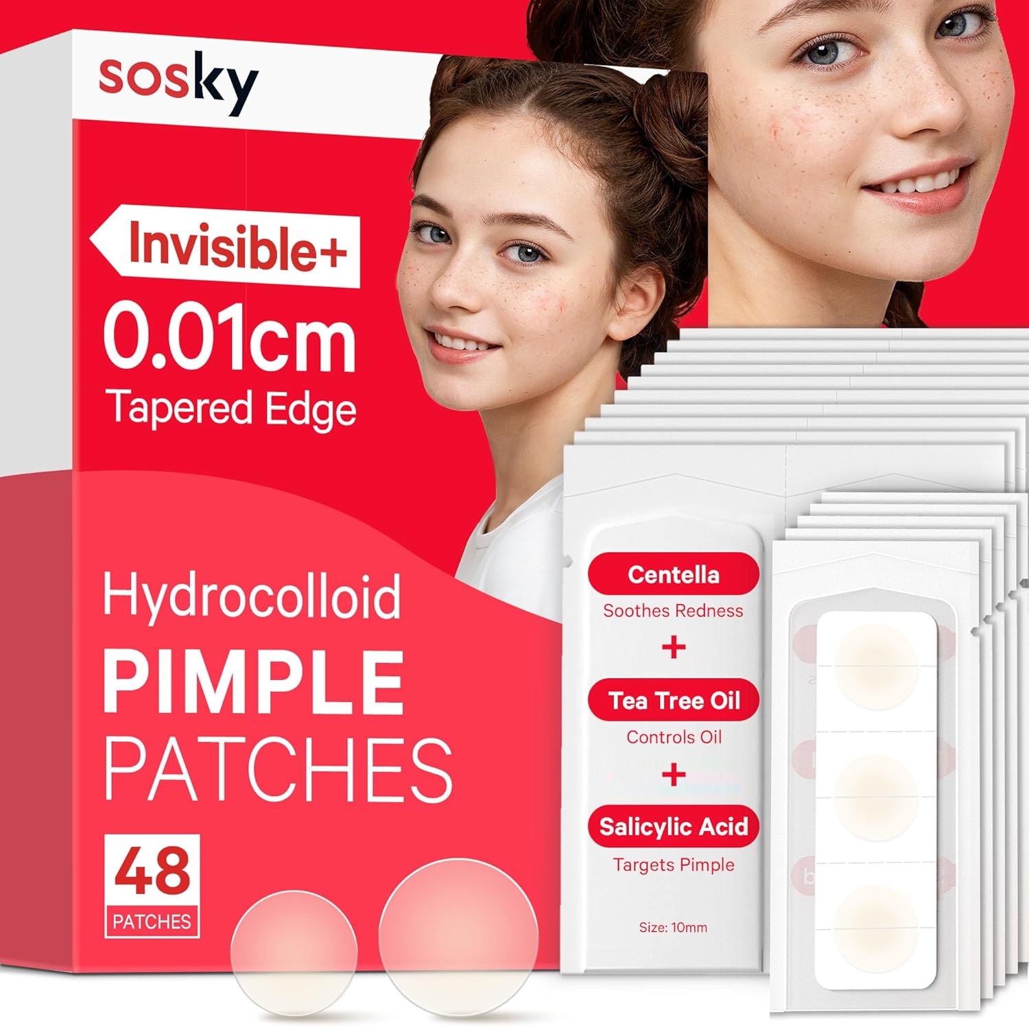 Sosky Invisible Hydrocolloid Acne Pimple Patches front view packaging showing forty eight count box.