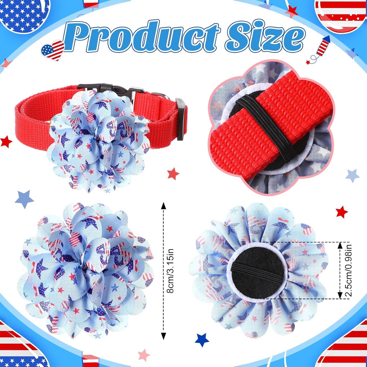 Assorted 25 designs of American flag themed dog collar accessories spread out on a white surface.