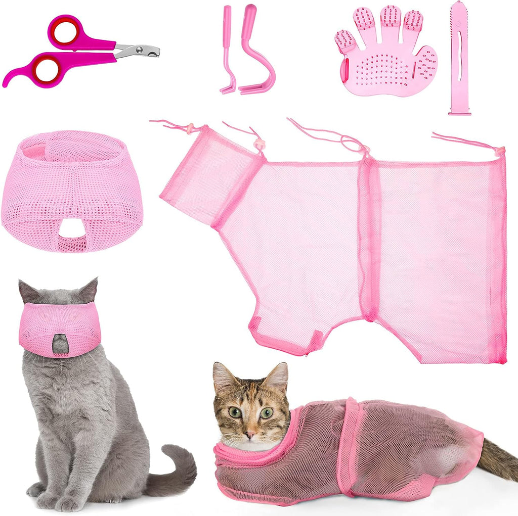 Patelai cat bathing bag set front view showing pink mesh shower net and tools