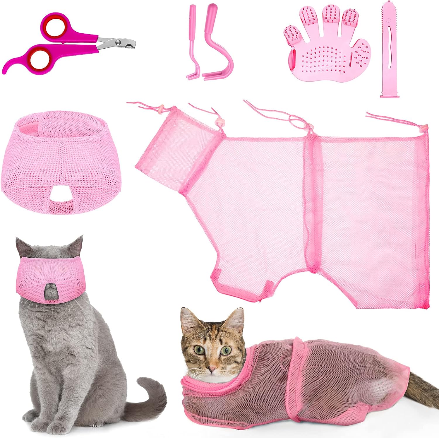 Patelai cat bathing bag set front view showing pink mesh shower net and tools